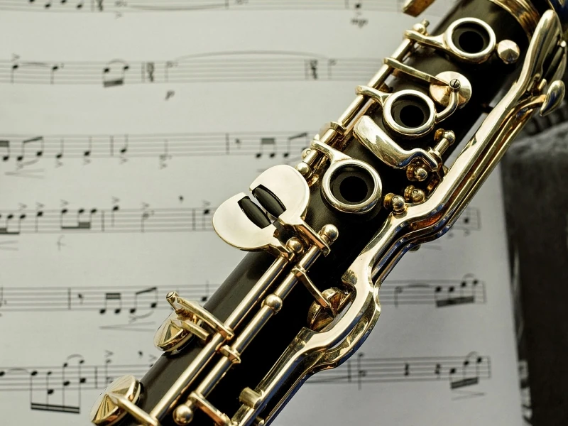 Nahaufnahme eines Teils einer Klarinette. Im Vordrund sieht man einige Klappen des Instruments, im Hintergrund ein Notenblatt.